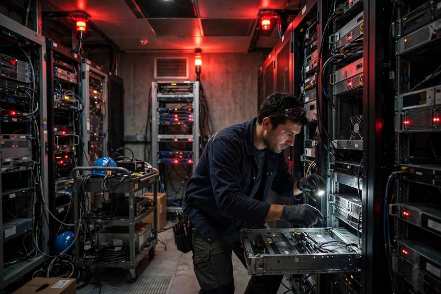 Technician responding to an AI system incident in a server room