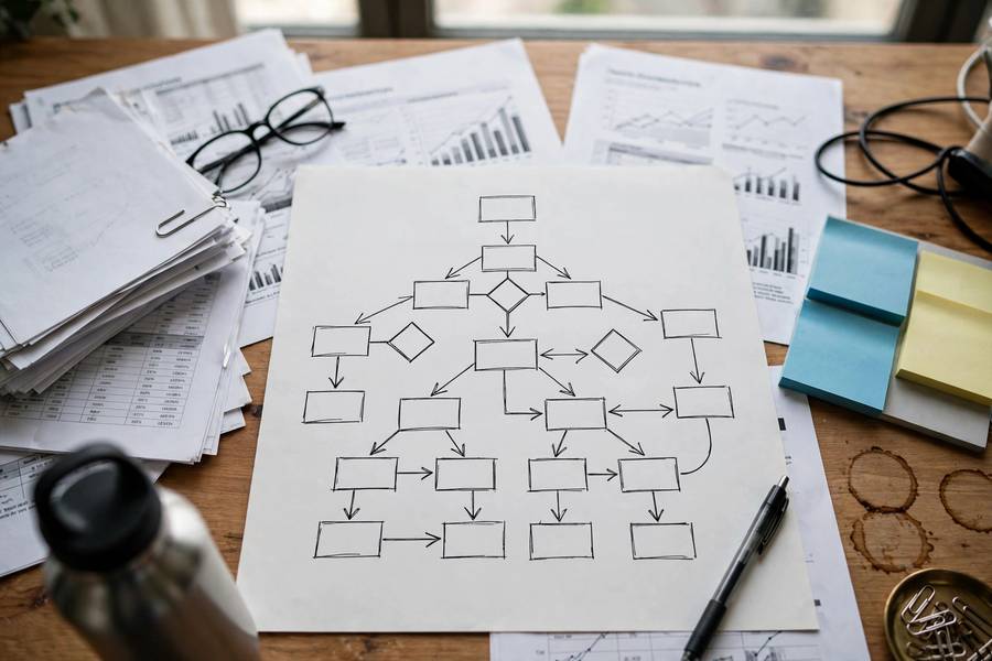 Incident escalation flowchart documents on a desk