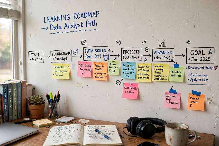 A hand-drawn learning roadmap with milestones on a wall