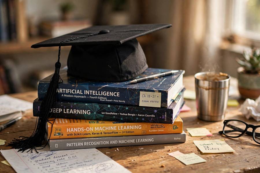 AI textbooks with a graduation cap representing completed learning