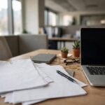 AI policy document draft on a desk with pen and laptop