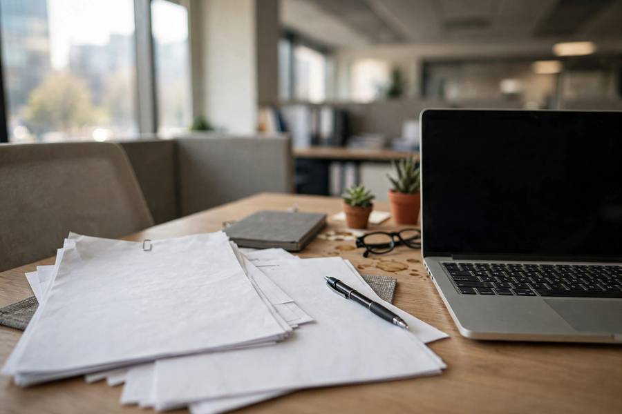 AI policy document draft on a desk with pen and laptop