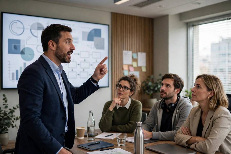 Executive presenting AI policy to the team in a meeting room