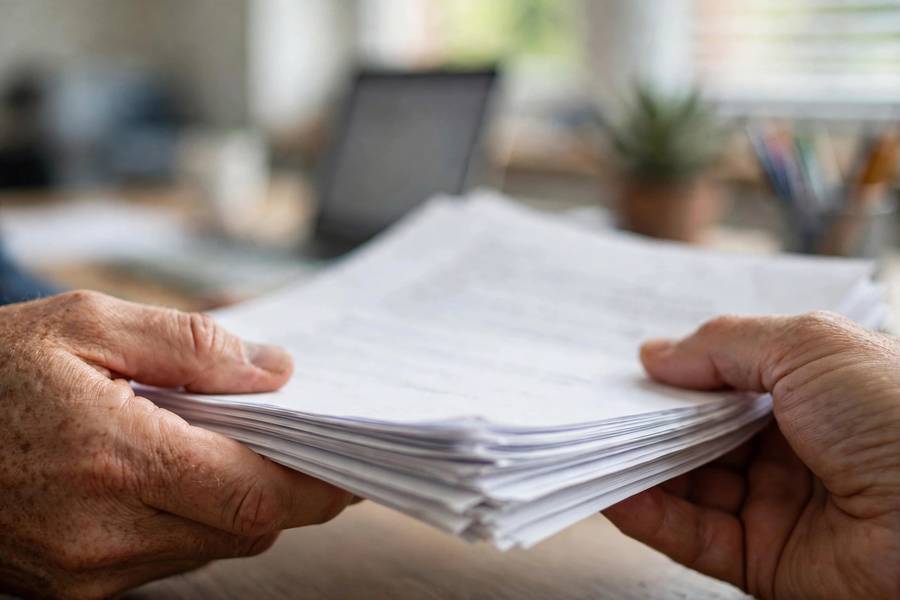 Hands holding printed AI policy pages for review