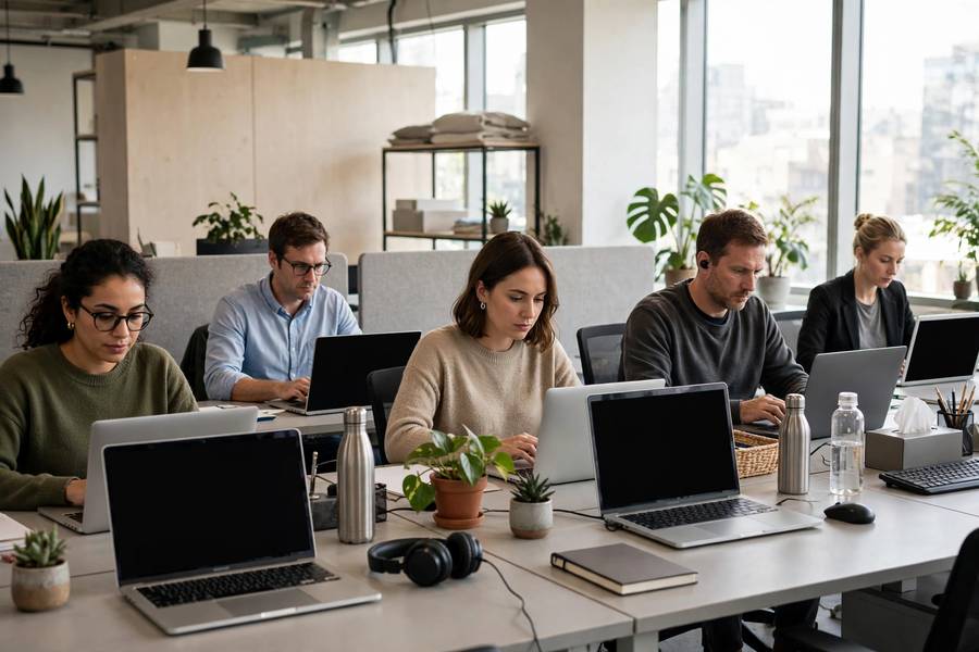 Employees working under company AI policy in a modern office