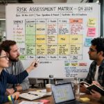 AI Risk Management: A Practical, No-Jargon Guide Team analyzing an AI risk management matrix on a whiteboard