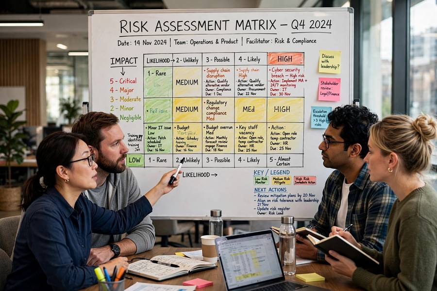 Team analyzing an AI risk management matrix on a whiteboard