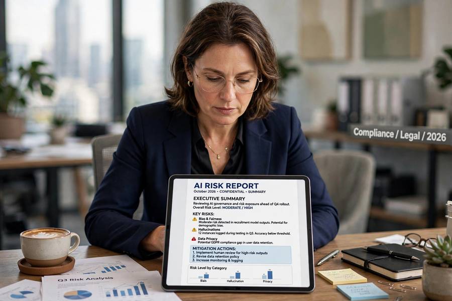 Executive reviewing an AI risk management report on a tablet