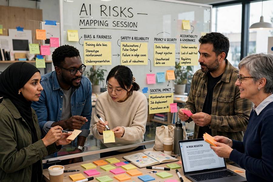 Team mapping AI risks in a workshop session with sticky notes