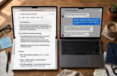 Comparing an AI search answer with citations against a chatbot conversation