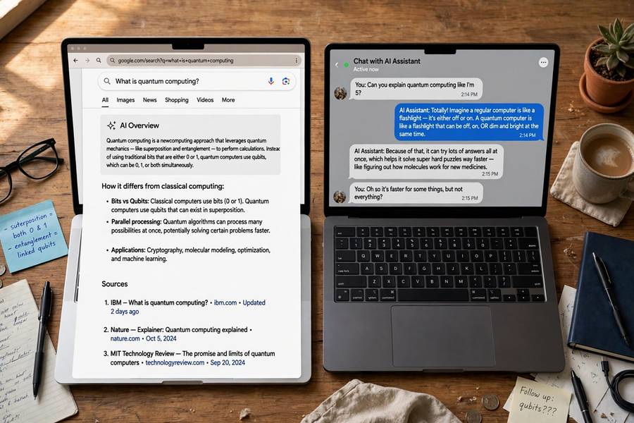 Comparing an AI search answer with citations against a chatbot conversation