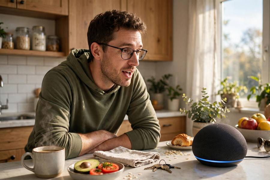 Person using a conversational AI assistant in the kitchen