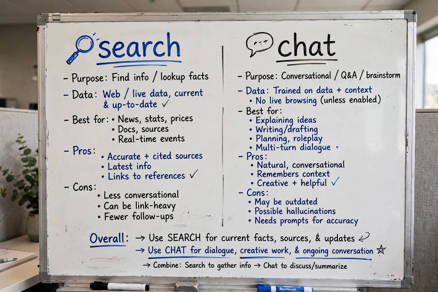 Whiteboard comparing AI search and chatbot use cases
