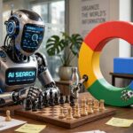 A chess match between a robot and a giant letter G representing AI search versus Google