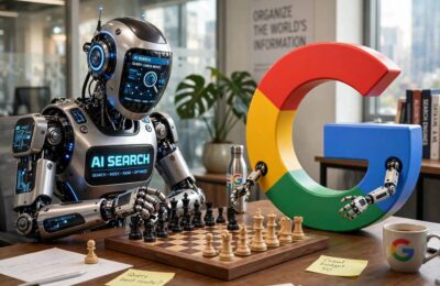 A chess match between a robot and a giant letter G representing AI search versus Google