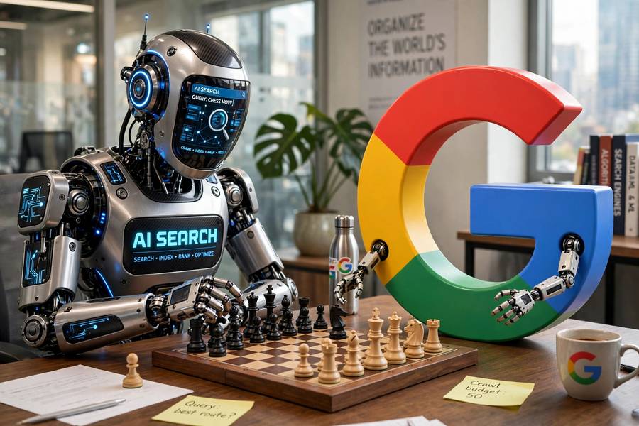 A chess match between a robot and a giant letter G representing AI search versus Google
