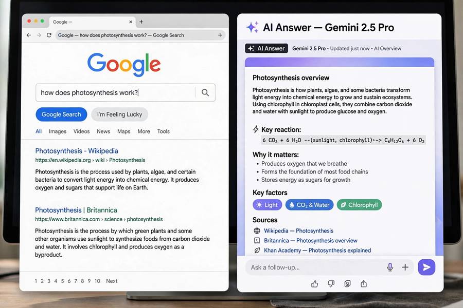 A classic search results page next to a modern AI answer interface