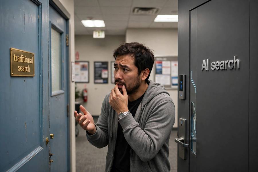 A person choosing between doors labeled traditional search and AI search