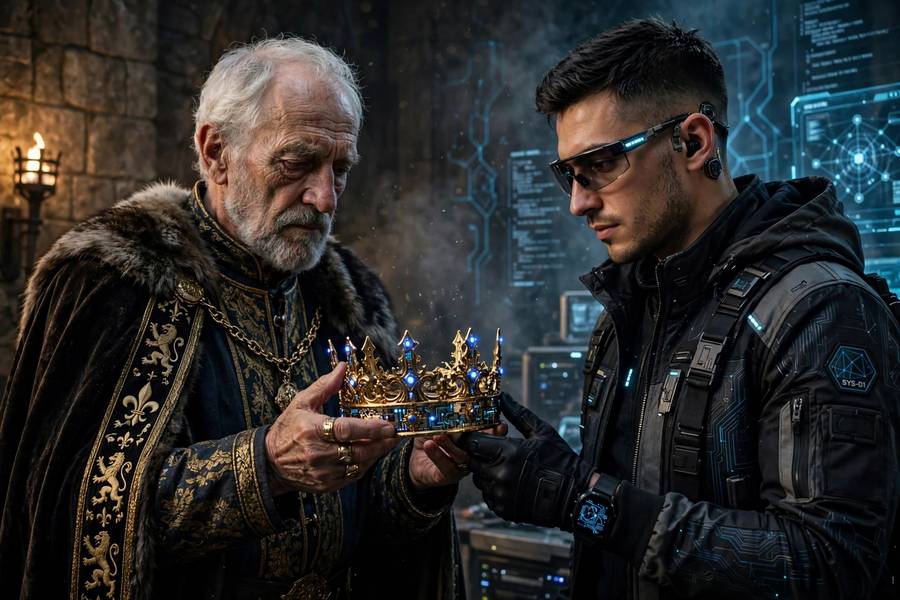A crown passing from an old king to a new challenger in tech style