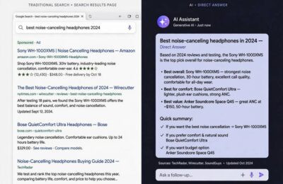 Split screen comparing traditional search results with an AI giving a direct answer
