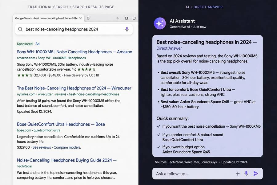 Split screen comparing traditional search results with an AI giving a direct answer