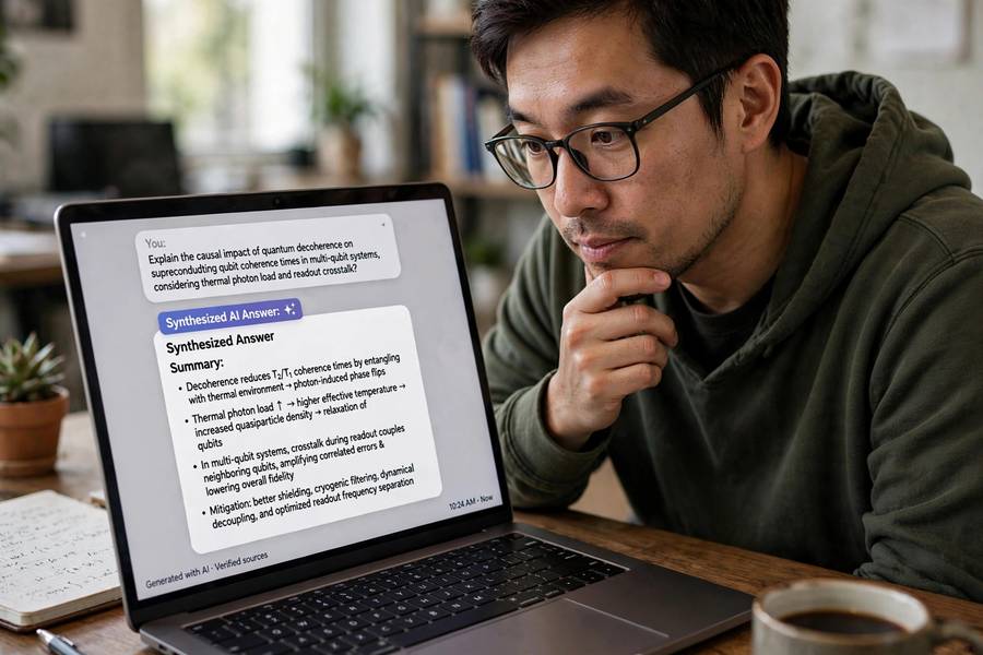 A person receiving a synthesized AI answer to a complex question on a laptop