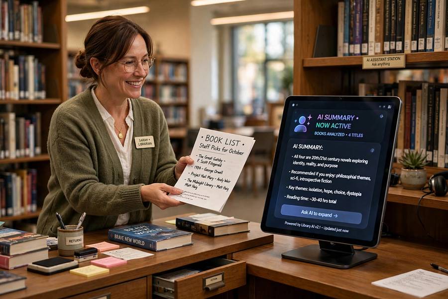 A librarian handing a book list versus an AI summarizing books concept