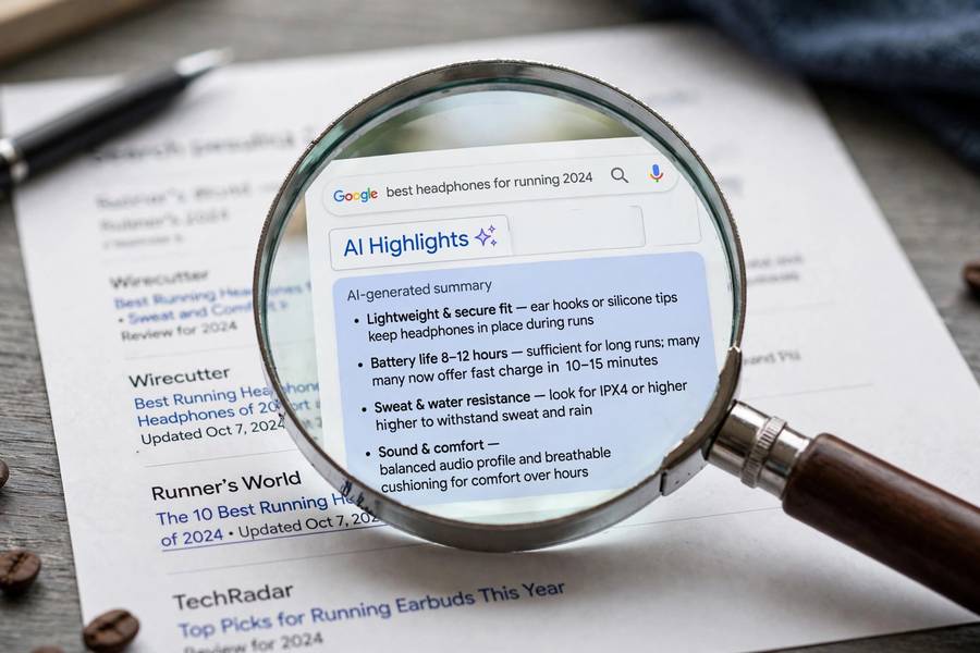 A magnifying glass over search results with AI-generated highlights