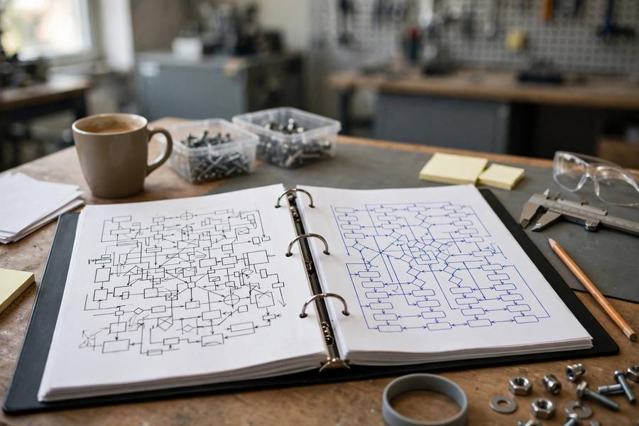 AI system card documentation binder with system diagrams on a desk