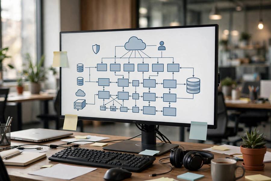 Software architecture diagram on a large monitor in a tech office