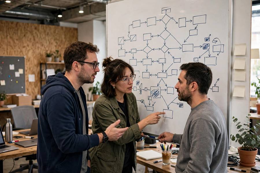 Engineers discussing system design around a whiteboard with flowcharts