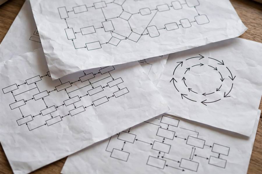 Printed AI system documentation pages with diagrams