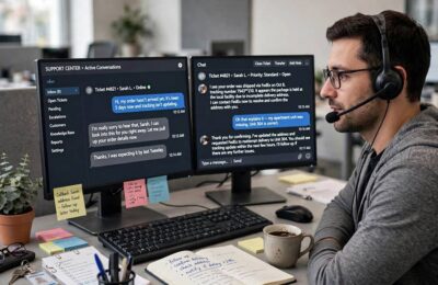 Customer support agent using AI tools for customer support teams at a dual-monitor workstation