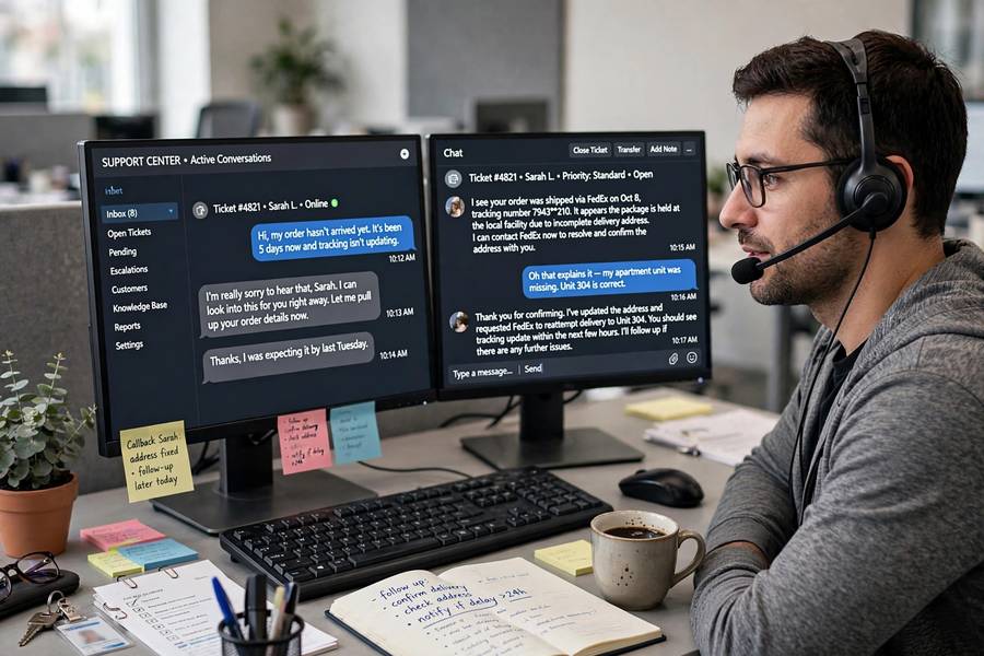 Customer support agent using AI tools for customer support teams at a dual-monitor workstation