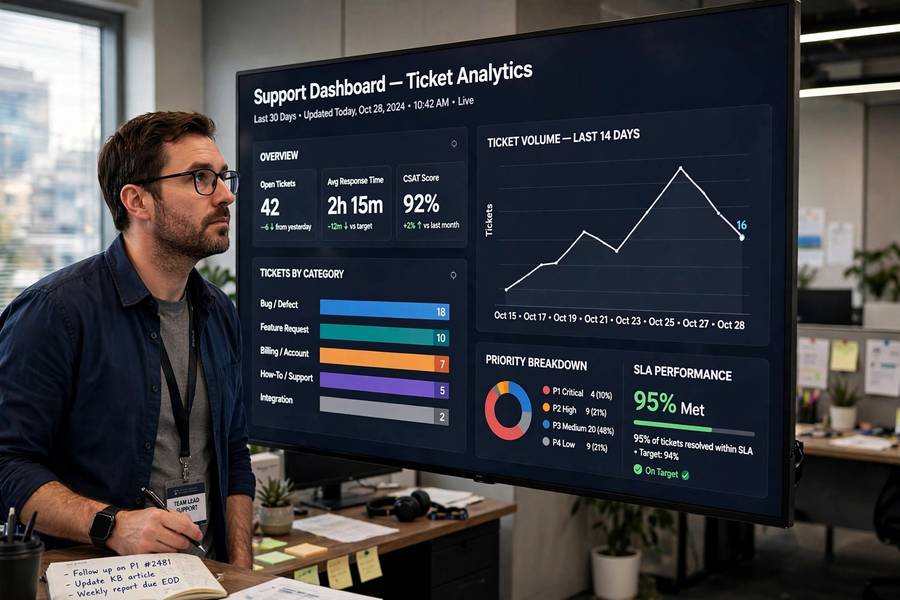 Support team lead reviewing ticket analytics improved by AI triage tools