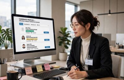 HR professional using AI use cases in HR to review candidate profiles on a computer