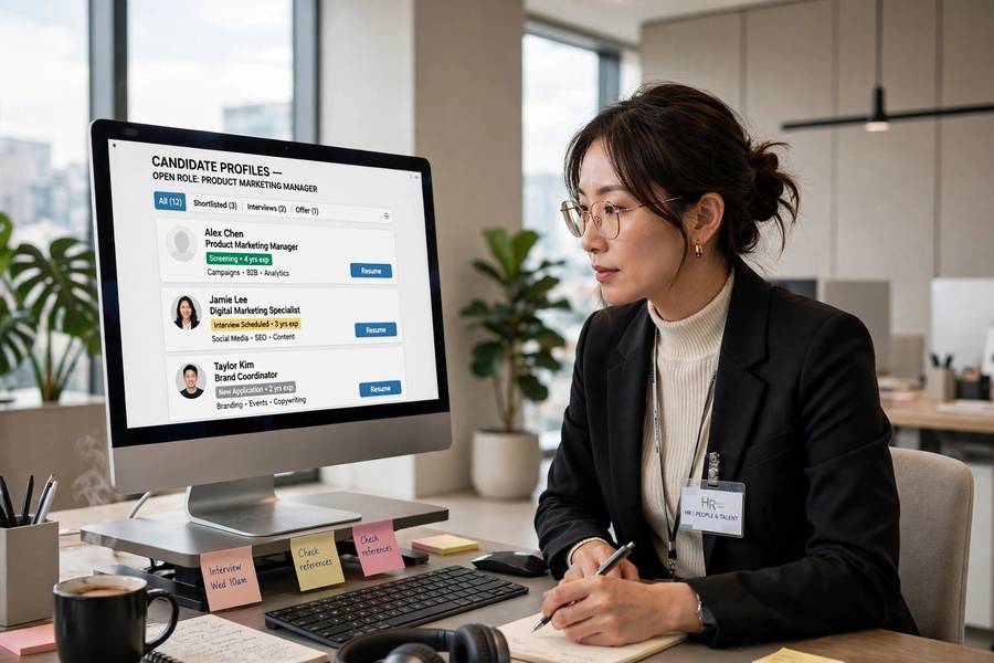 HR professional using AI use cases in HR to review candidate profiles on a computer