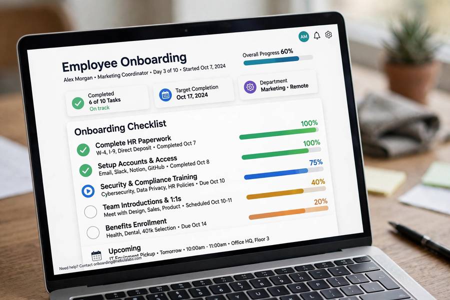 AI-assisted employee onboarding checklist shown on a laptop dashboard