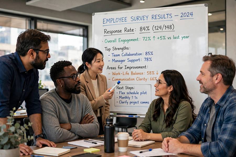HR team analyzing employee survey results supported by AI analysis