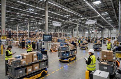 Autonomous robots in a warehouse, a key example of AI use cases in logistics