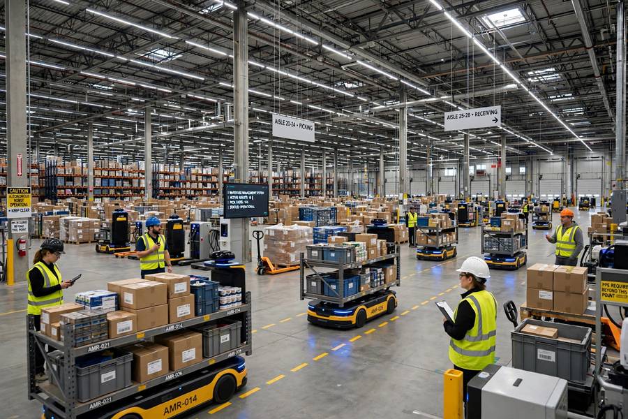 Autonomous robots in a warehouse, a key example of AI use cases in logistics