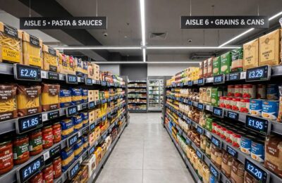 A supermarket aisle with smart shelves, one of the visible AI use cases in retail stores