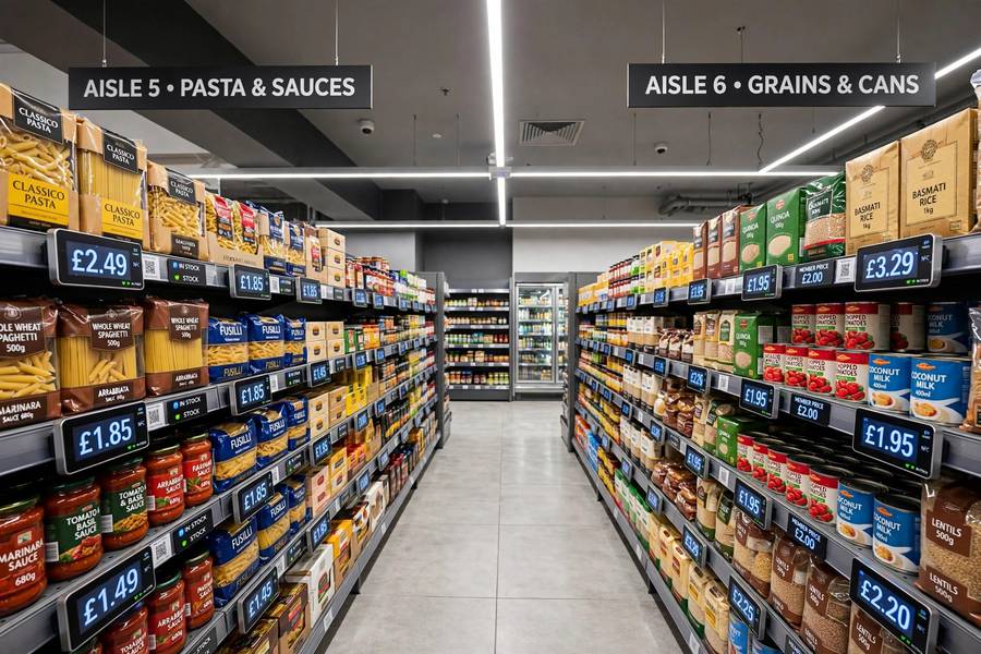 A supermarket aisle with smart shelves, one of the visible AI use cases in retail stores