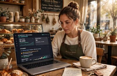 A small business owner using AI tools on a laptop, one of the practical AI use cases in small business
