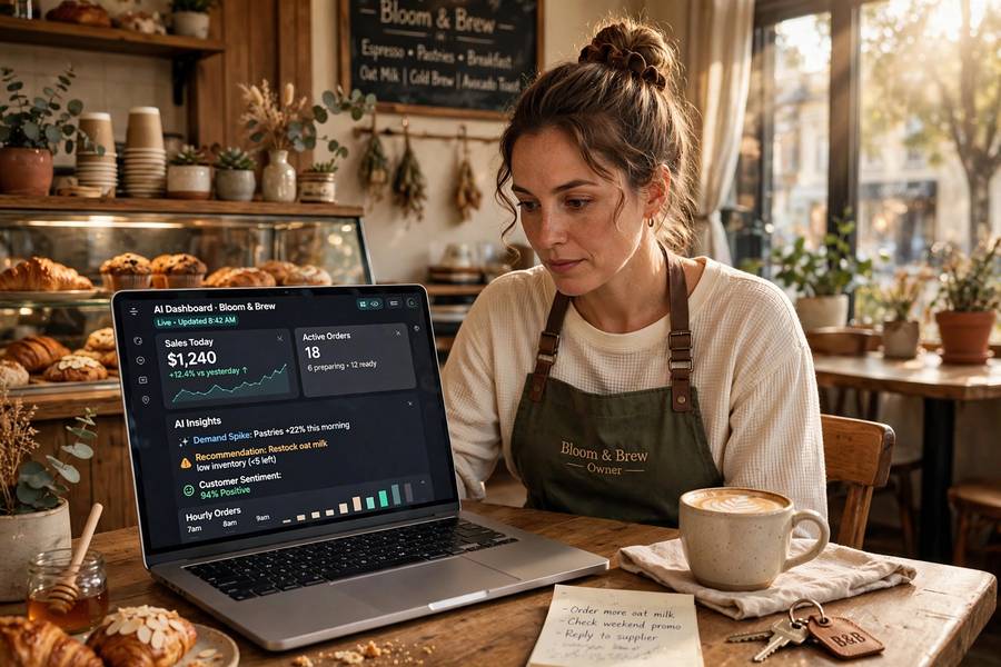 A small business owner using AI tools on a laptop, one of the practical AI use cases in small business