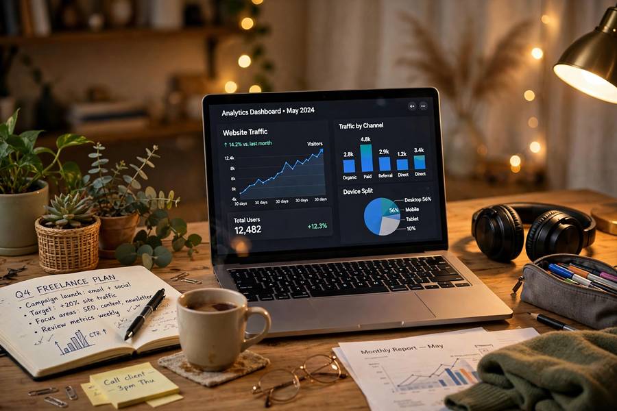 A freelancer reviewing analytics, representing AI use cases in small business marketing and data