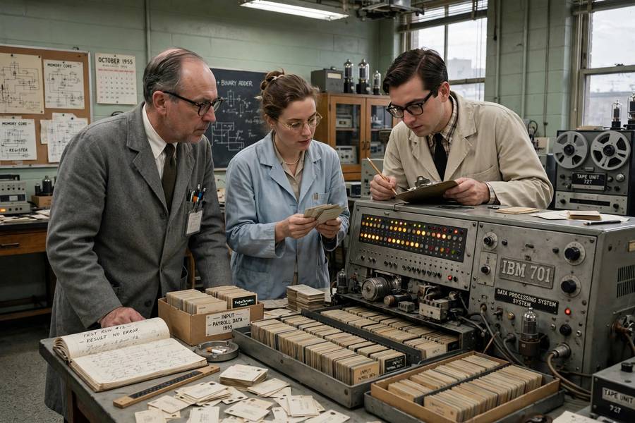 1950s researchers at an early mainframe, the optimistic start of the AI winter timeline