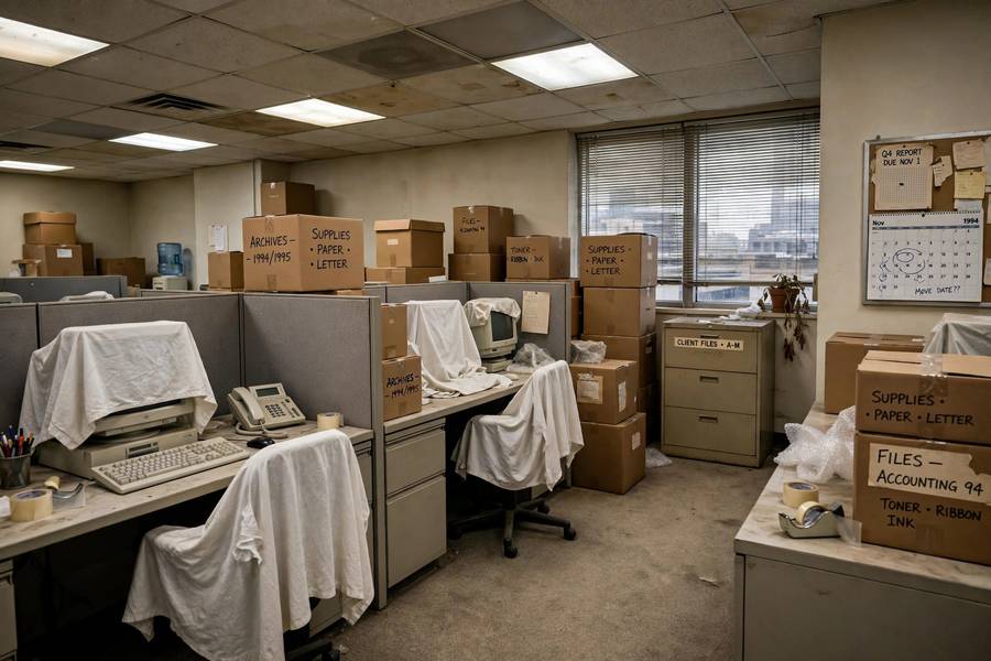 An abandoned 1990s office representing the second AI winter on the timeline