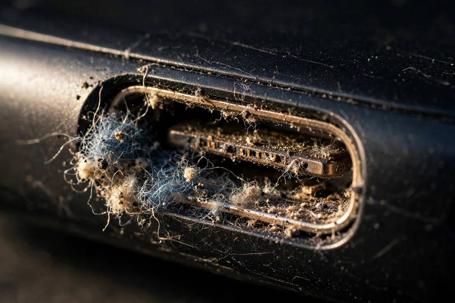 Close-up of a phone USB-C charging port with visible lint buildup