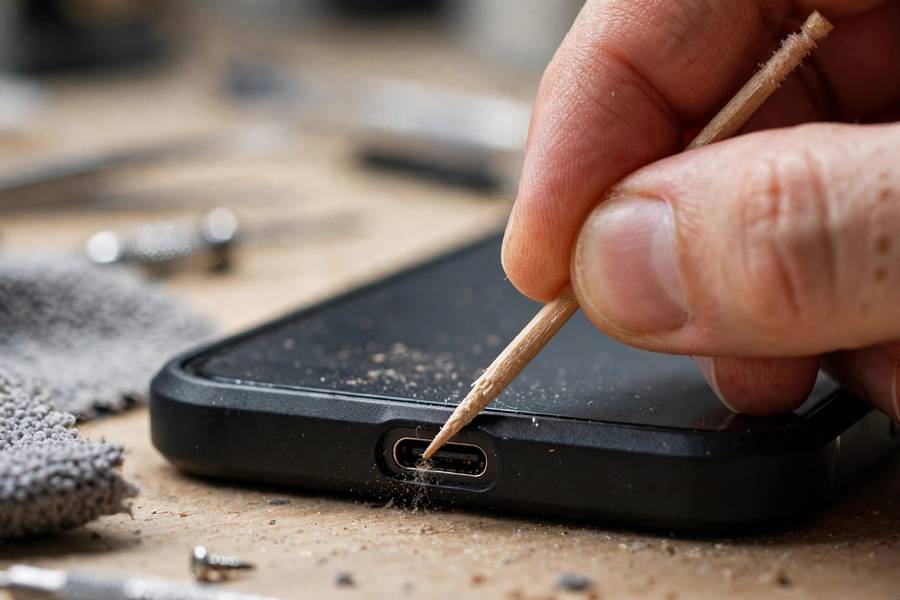 Cleaning a phone charging port gently with a wooden toothpick